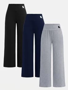 SHEIN 青少年女孩秋冬針織高腰寬腿褲，黑色/深灰色/淺灰色 - 彩色 - 查看 3