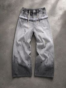 ROMWE MEN Y2K Dark Wasteland Style Splatter Print Cargo Pants, Vintage Mud-Dyed Gradient Drawstring Loose Wide Leg Trousers, Unique Non-Clashing Design, Relaxed Slimming Fit, Unisex, Daily Versatile, Must-Have For Trendsetters - Multicolor - View 1