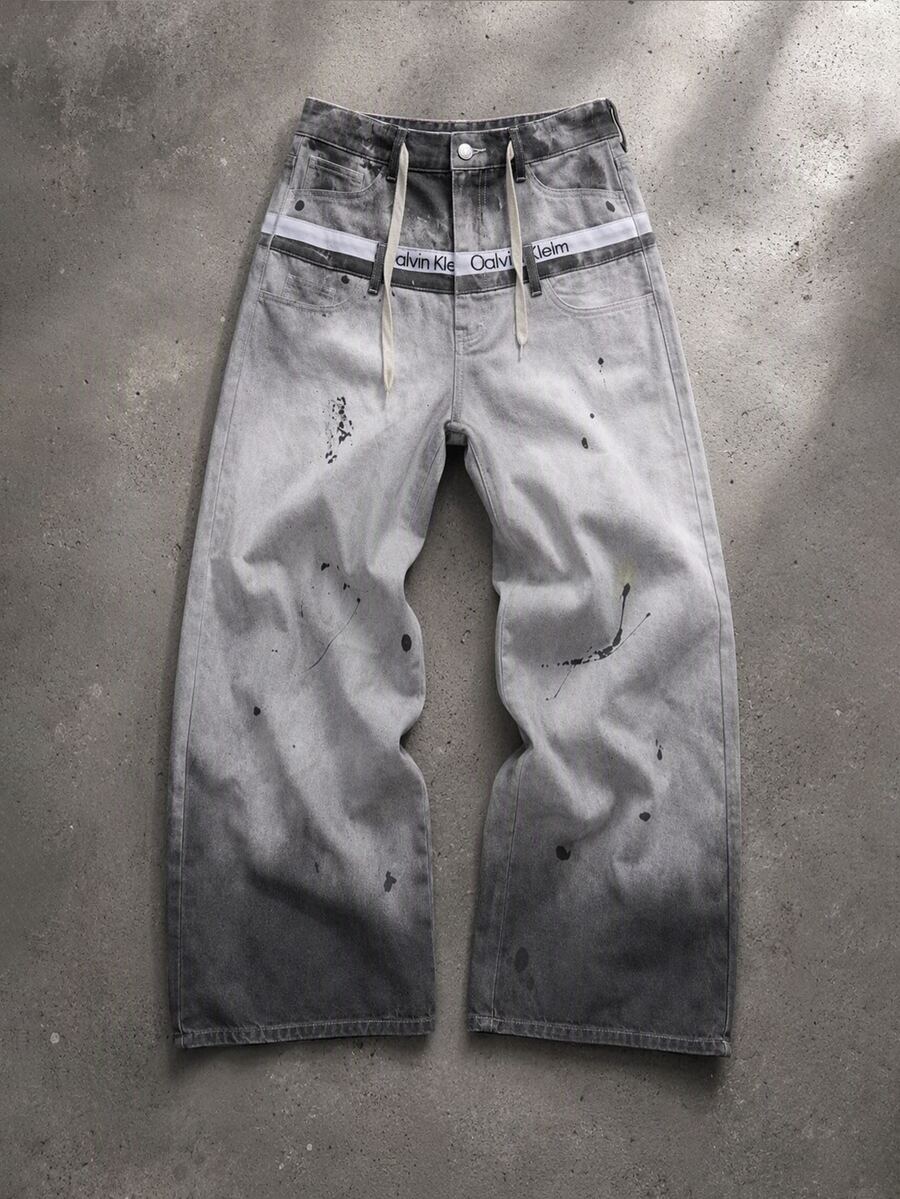 ROMWE MEN Y2K Dark Wasteland Style Splatter Print Cargo Pants, Vintage Mud-Dyed Gradient Drawstring Loose Wide Leg Trousers, Unique Non-Clashing Design, Relaxed Slimming Fit, Unisex, Daily Versatile, Must-Have For Trendsetters - Multicolor - View 1