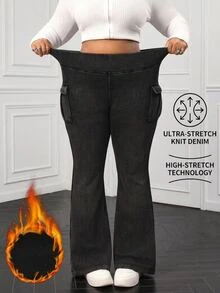 SHEIN ICON 大尺碼女款秋冬 Y2K 可愛風寬鬆灰色高腰喇叭牛仔褲，復古休閒工裝口袋彈性長褲，針織度假沙灘風 - 黑色 - 查看 4