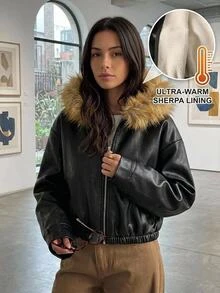 SHEIN 青少年女孩秋冬保暖內裡加厚PU複合抓絨連帽拼接落肩寬鬆夾克外套 日常街頭風Y2K - 黑色 - 查看 6
