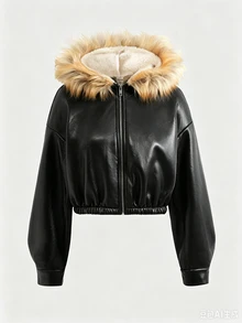SHEIN 青少年女孩秋冬保暖內裡加厚PU複合抓絨連帽拼接落肩寬鬆夾克外套 日常街頭風Y2K - 黑色 - 查看 5