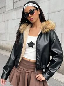 SHEIN 青少年女孩秋冬保暖內裡加厚PU複合抓絨連帽拼接落肩寬鬆夾克外套 日常街頭風Y2K - 黑色 - 查看 7