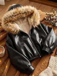 SHEIN 青少年女孩秋冬保暖內裡加厚PU複合抓絨連帽拼接落肩寬鬆夾克外套 日常街頭風Y2K - 黑色 - 查看 2