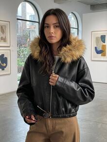 SHEIN 青少年女孩秋冬保暖內裡加厚PU複合抓絨連帽拼接落肩寬鬆夾克外套 日常街頭風Y2K - 黑色 - 查看 4