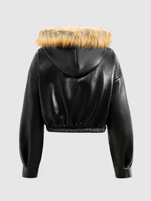 SHEIN 青少年女孩秋冬保暖內裡加厚PU複合抓絨連帽拼接落肩寬鬆夾克外套 日常街頭風Y2K - 黑色 - 查看 3