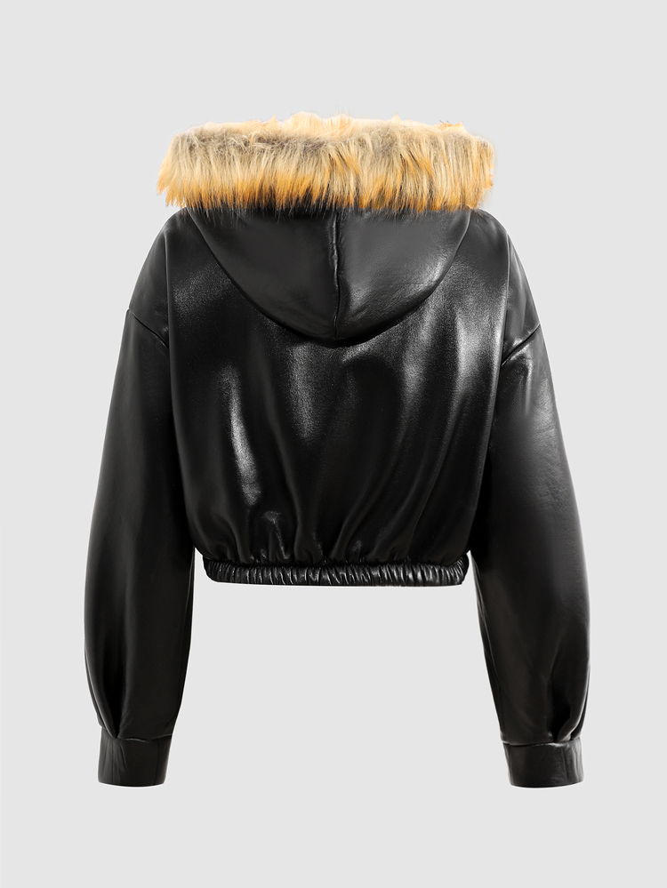 SHEIN Teen Girl Girls Teenagers Autumn/Winter Thermal Lined Thickened PU Composite Fleece Hooded Patchwork Oversized Dropped Shoulder Jacket Coat Daily Streetwear Y2K - Black - View 3