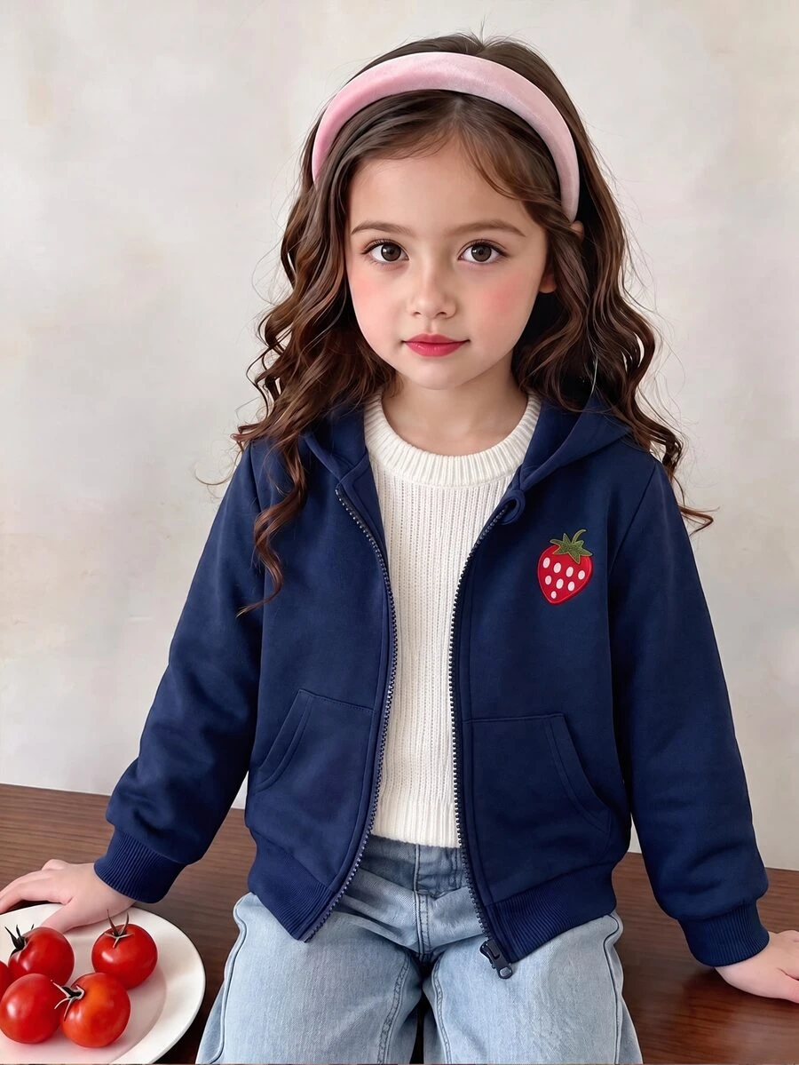 新款秋冬女童與幼兒拉鍊連帽外套-多功能草莓印花運動衫/外套,西式風格設計 - 寶藍色 - 查看 1