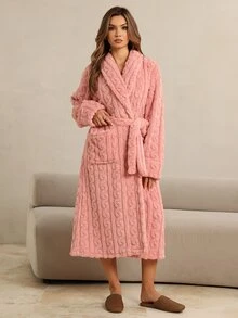 HautHeat Women's Plush Comfortable Long Sleeve Pocket Lounge Robe - Pink - View 3