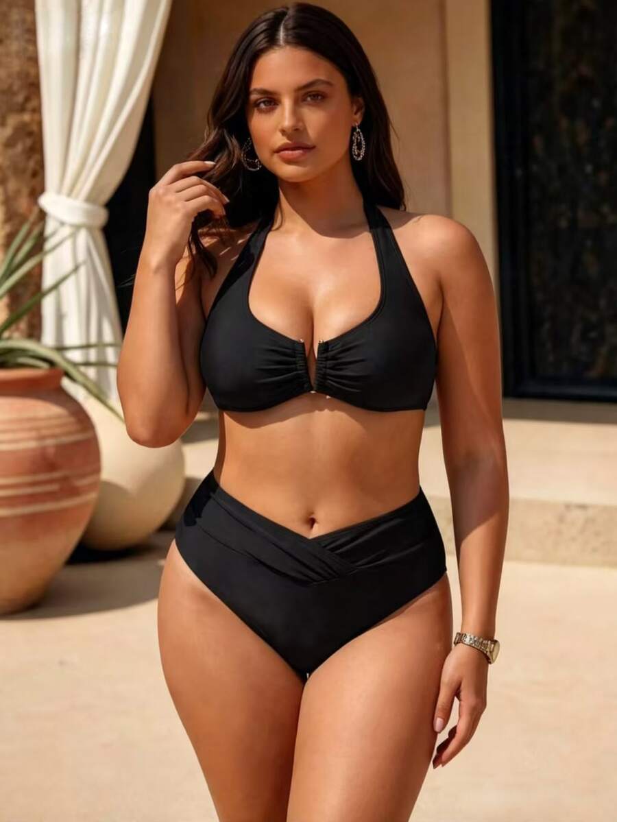 Swim Chiccia 2026 New Spring/Summer Sexy Deep V-Neck Solid Color Bikini Set, Beach Wear - Black - View 1
