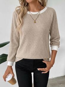 SHEIN LUNE Sweatshirt Wanita Model Terbaru Musim Gugur/Dingin, Bahan Fleece Bergaris Warna Maillard, Kerah Bulat, Pakaian Musim Gugur, Atasan untuk Keluar, Blus Kasual untuk Wanita - MultiWarna - View 7