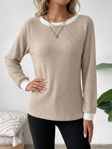 SHEIN LUNE Sweatshirt Wanita Model Terbaru Musim Gugur/Dingin, Bahan Fleece Bergaris Warna Maillard, Kerah Bulat, Pakaian Musim Gugur, Atasan untuk Keluar, Blus Kasual untuk Wanita - MultiWarna - View 5