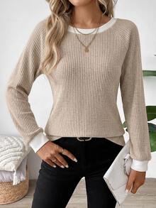 SHEIN LUNE Sweatshirt Wanita Model Terbaru Musim Gugur/Dingin, Bahan Fleece Bergaris Warna Maillard, Kerah Bulat, Pakaian Musim Gugur, Atasan untuk Keluar, Blus Kasual untuk Wanita - MultiWarna - View 6