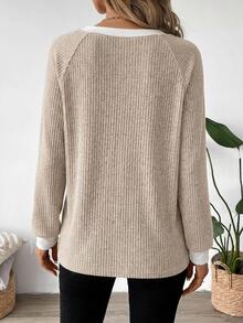 SHEIN LUNE Sweatshirt Wanita Model Terbaru Musim Gugur/Dingin, Bahan Fleece Bergaris Warna Maillard, Kerah Bulat, Pakaian Musim Gugur, Atasan untuk Keluar, Blus Kasual untuk Wanita - MultiWarna - View 2