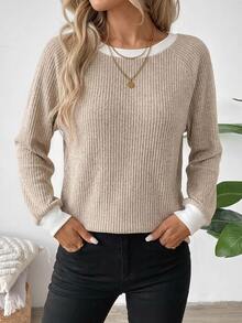 SHEIN LUNE Sweatshirt Wanita Model Terbaru Musim Gugur/Dingin, Bahan Fleece Bergaris Warna Maillard, Kerah Bulat, Pakaian Musim Gugur, Atasan untuk Keluar, Blus Kasual untuk Wanita - MultiWarna - View 4