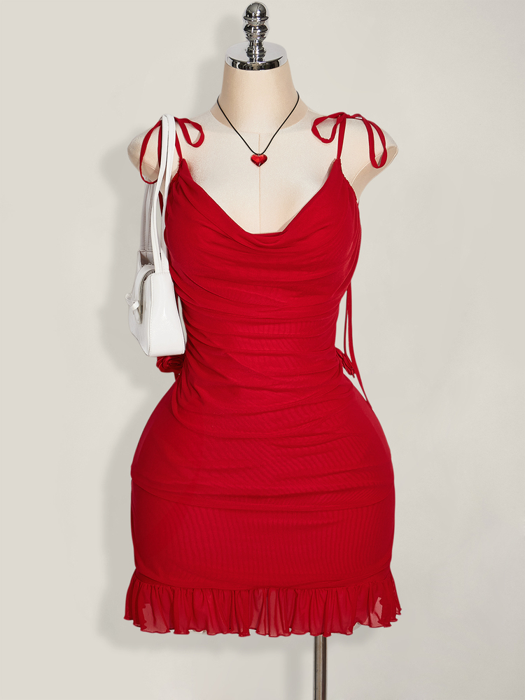 SHEIN ICON Plus Size Spring Break Outfits 3D Floral Decorated Tank Top Mini Red Dress Valentine's Day Summer Women's Outfits,Club Women - Red - View 3