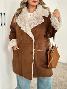 SHEIN CURVE+ Suede Fleece Composite Thickened Plus Size Jacket, Autumn/Winter - Brown - View 4
