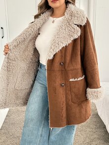 SHEIN CURVE+ Suede Fleece Composite Thickened Plus Size Jacket, Autumn/Winter - Brown - View 6