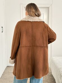 SHEIN CURVE+ Suede Fleece Composite Thickened Plus Size Jacket, Autumn/Winter - Brown - View 2
