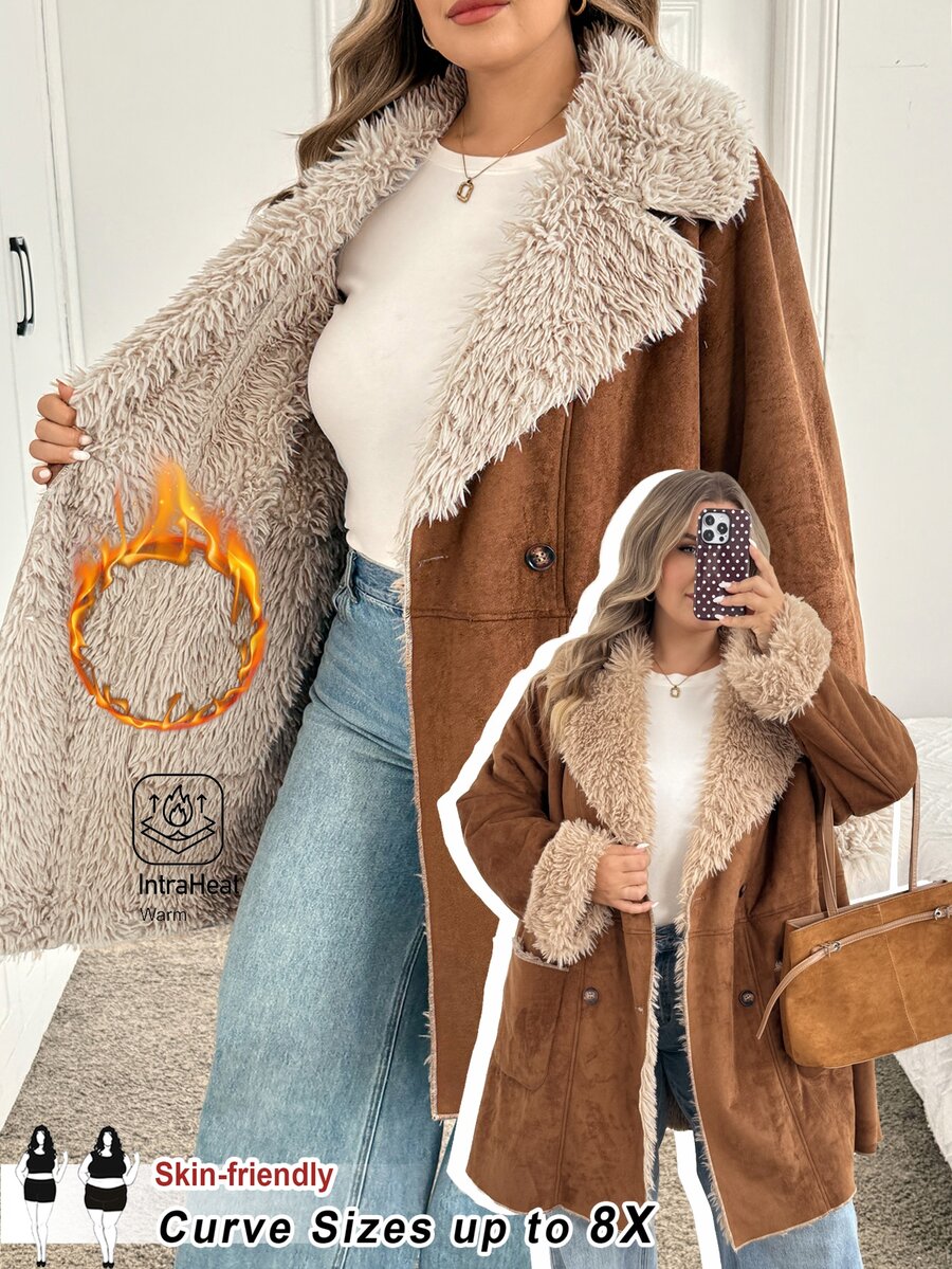 SHEIN CURVE+ Suede Fleece Composite Thickened Plus Size Jacket, Autumn/Winter - Brown - View 1