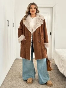 SHEIN CURVE+ Suede Fleece Composite Thickened Plus Size Jacket, Autumn/Winter - Brown - View 5