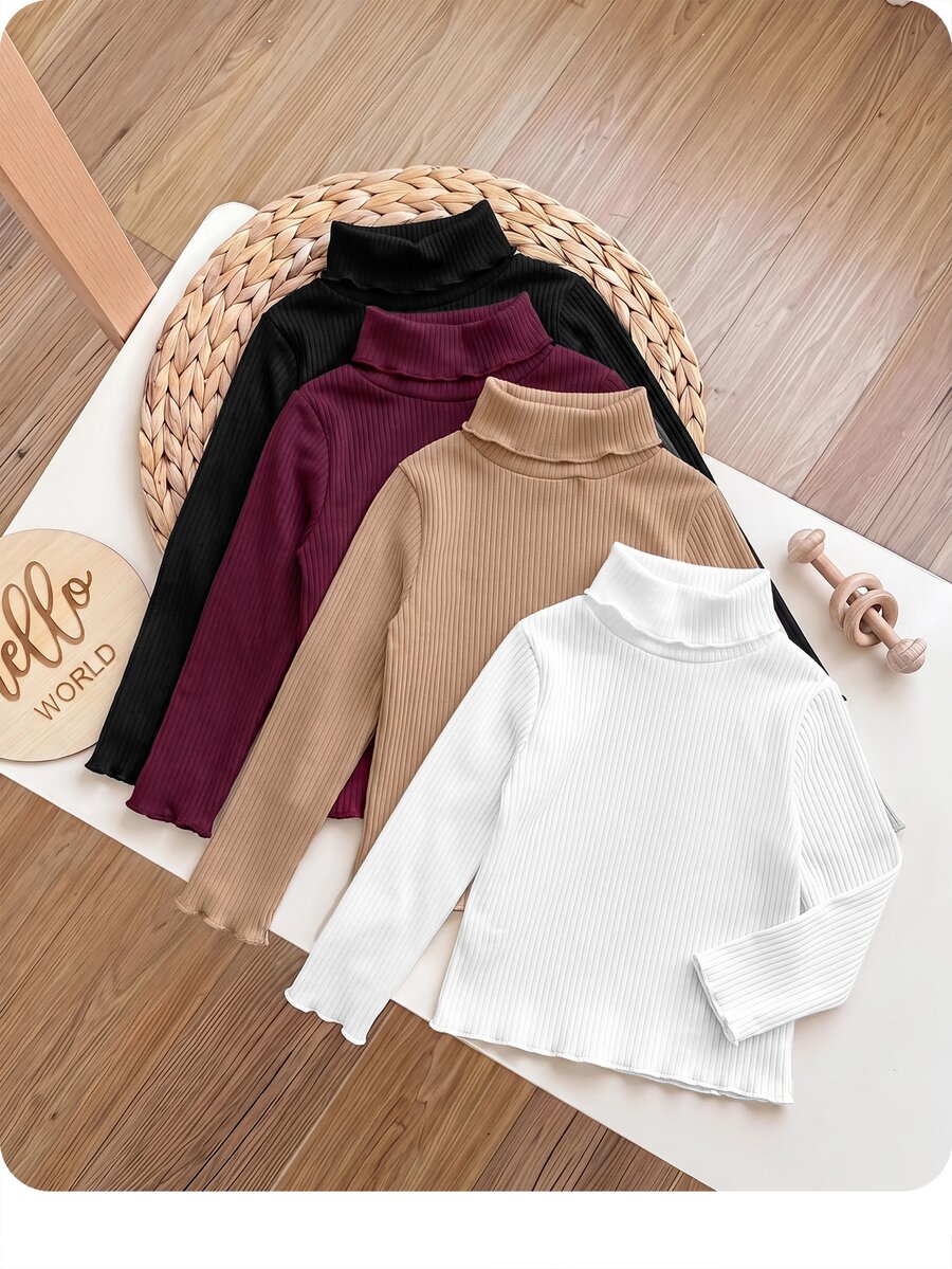 SHEIN Baby Girl Solid Color High Neck Long Sleeve Casual Autumn Top Pcs - Multicolor - View 1