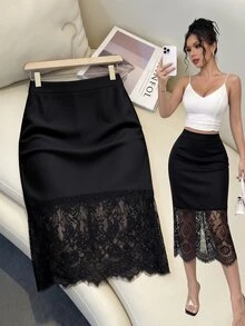 Muvela Women's Lace Patchwork Casual Daily Skirt - Black - View 7