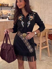 Brillora Women's Patchwork Floral Embroidered Button Half-Placket Long Sleeve Casual Short Dress - Black - View 16