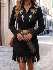 Brillora Women's Patchwork Floral Embroidered Button Half-Placket Long Sleeve Casual Short Dress - Black - View 15