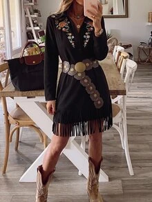 Brillora Women's Patchwork Floral Embroidered Button Half-Placket Long Sleeve Casual Short Dress - Black - View 11