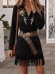 Brillora Women's Patchwork Floral Embroidered Button Half-Placket Long Sleeve Casual Short Dress - Black - View 12