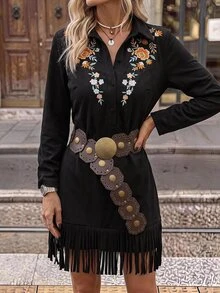 Brillora Women's Patchwork Floral Embroidered Button Half-Placket Long Sleeve Casual Short Dress - Black - View 10