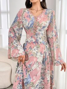 Al Najma 女士 V 领长袖满花阿拉伯长款素雅连衣裙 - 西瓜粉 - 查看 6