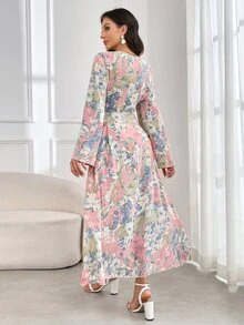 Al Najma 女士 V 领长袖满花阿拉伯长款素雅连衣裙 - 西瓜粉 - 查看 2