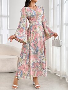 Al Najma 女士 V 领长袖满花阿拉伯长款素雅连衣裙 - 西瓜粉 - 查看 4