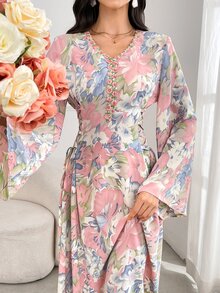 Al Najma 女士 V 领长袖满花阿拉伯长款素雅连衣裙 - 西瓜粉 - 查看 7
