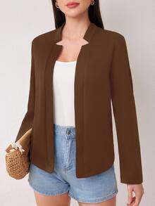 SHEIN Women's Solid Color Regular-Shoulder Long Sleeve Casual Short Jacket, Versatile & Minimalist - Coffee Brown - View 4