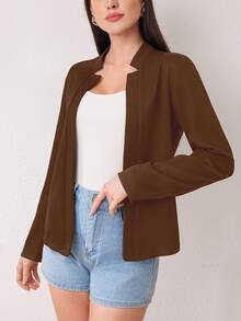 SHEIN Women's Solid Color Regular-Shoulder Long Sleeve Casual Short Jacket, Versatile & Minimalist - Coffee Brown - View 6