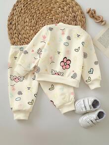 SHEIN Newborn Baby Girl Loose Casual Comfortable Round Neck Cartoon Pattern Outfit Set - Multicolor - View 2