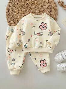 SHEIN Newborn Baby Girl Loose Casual Comfortable Round Neck Cartoon Pattern Outfit Set - Multicolor - View 4