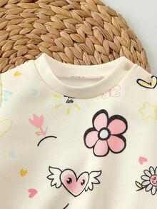 SHEIN Newborn Baby Girl Loose Casual Comfortable Round Neck Cartoon Pattern Outfit Set - Multicolor - View 6
