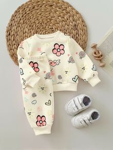 SHEIN Newborn Baby Girl Loose Casual Comfortable Round Neck Cartoon Pattern Outfit Set - Multicolor - View 3