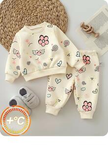 SHEIN Newborn Baby Girl Loose Casual Comfortable Round Neck Cartoon Pattern Outfit Set - Multicolor - View 1