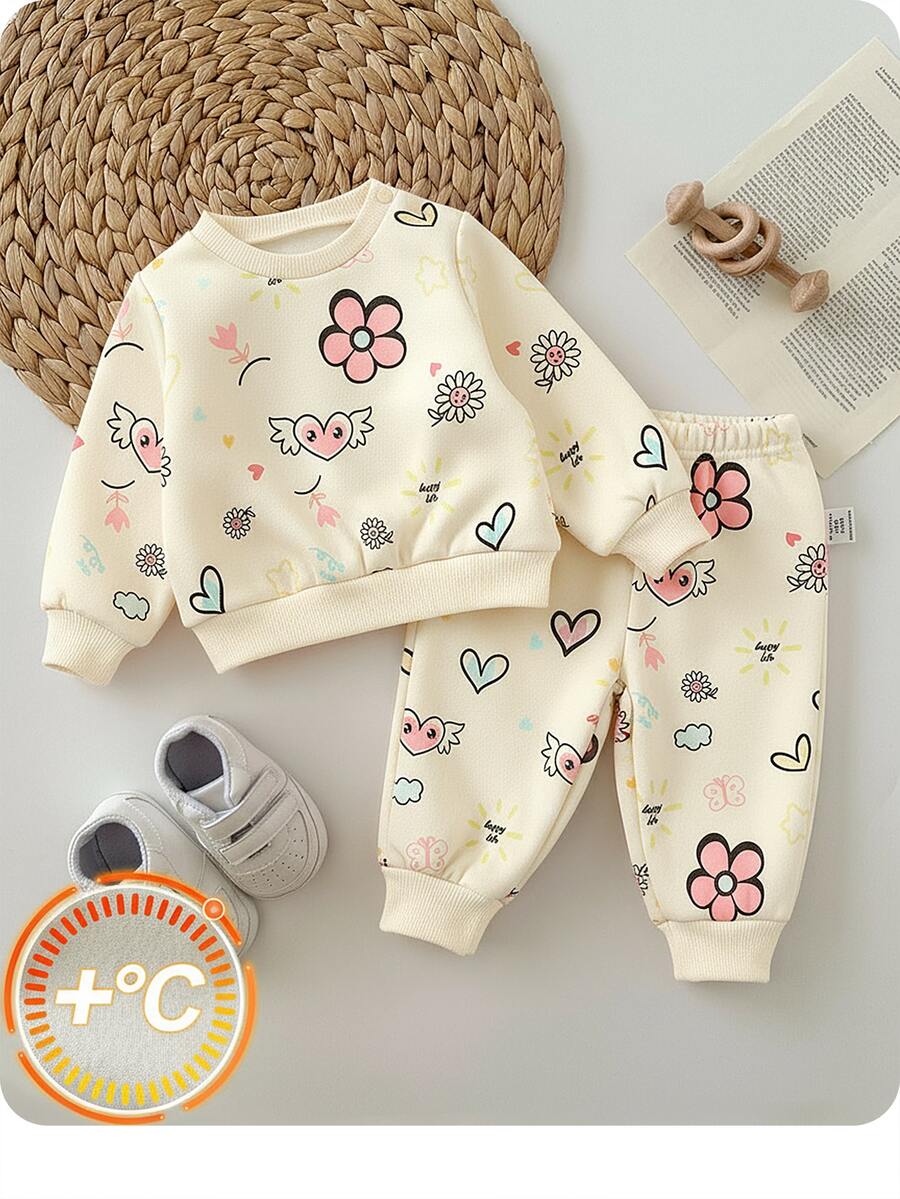 SHEIN Newborn Baby Girl Loose Casual Comfortable Round Neck Cartoon Pattern Outfit Set - Multicolor - View 1