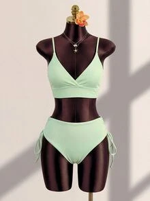 SHEIN Swim 2026 Spring/Summer 2pcs Set, Women Light Green Beach Outfit, Deep V-Neck Backless Ruched Wireless Swimwear, Casual Summer Beach Swimwear - Mint Green - View 4