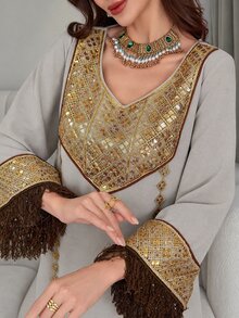 Al Najma 定制复古奢华亮片刺绣领花卉拼布纯色流苏奢华女士连衣裙、卡夫坦和贾拉比亚，朴素 - 卡其色 - 查看 1
