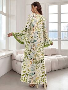 Al Najma Women's Elegant Long Arabian Print Modest Dress With Flare Sleeves, Plant Pattern - Multicolor - View 3