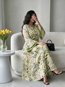 Al Najma Women's Elegant Long Arabian Print Modest Dress With Flare Sleeves, Plant Pattern - Multicolor - View 2