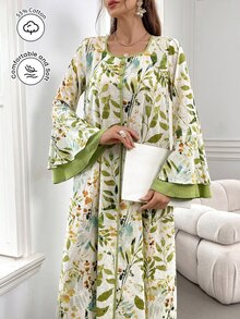 Al Najma Women's Elegant Long Arabian Print Modest Dress With Flare Sleeves, Plant Pattern - Multicolor - View 4