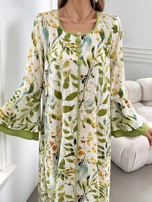 Al Najma Women's Elegant Long Arabian Print Modest Dress With Flare Sleeves, Plant Pattern - Multicolor - View 6